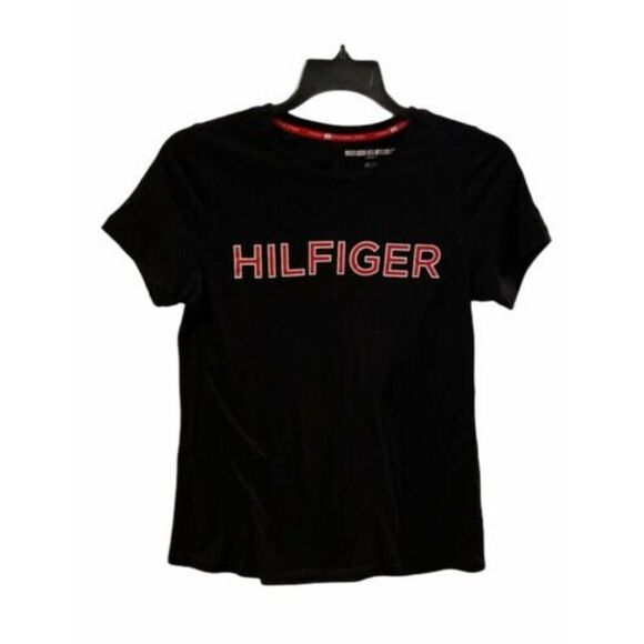 TOMMY HILFIGER T-SHIRT Womens Sz M BLACK spell out logo Tee Top short sleeve Y2K - Picture 1 of 6